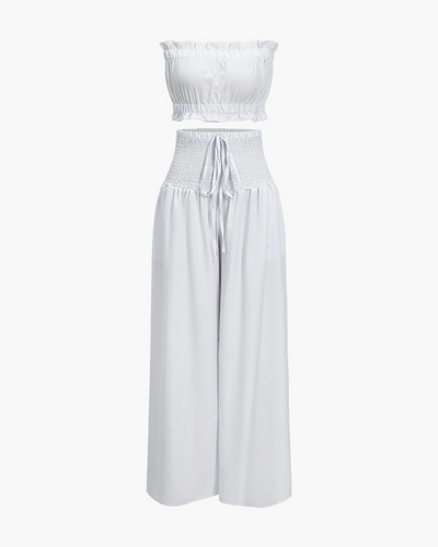 Strapless Ruched Top Wide Leg Pants Set