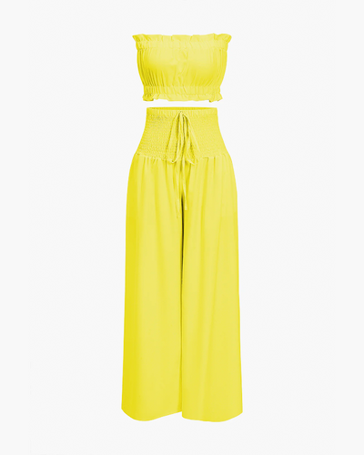 Strapless Ruched Top Wide Leg Pants Set
