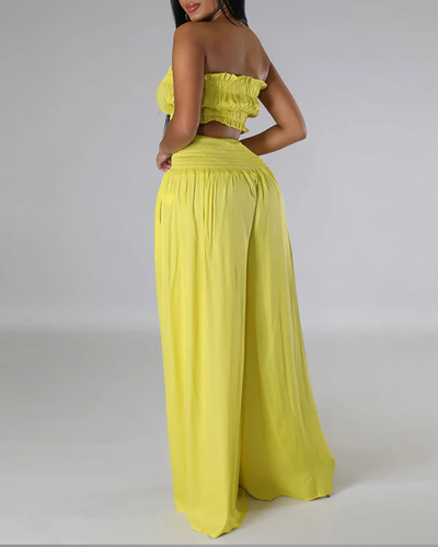 Strapless Ruched Top Wide Leg Pants Set