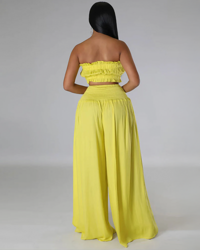 Strapless Ruched Top Wide Leg Pants Set
